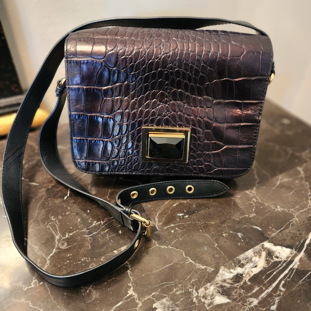 Badgley Mischka Leather Handbag Metallic Brown/Black Croc Embossed Look - Picture 3 of 12
